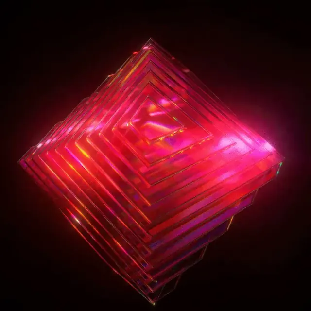 Glowing Red Geometric Cube, glassmorphism, gradient-heavy, dark