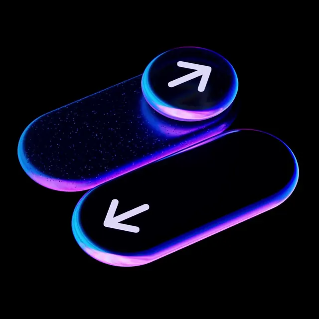 Glassmorphic neon arrow toggle buttons, glassmorphism, 3d-render, dark