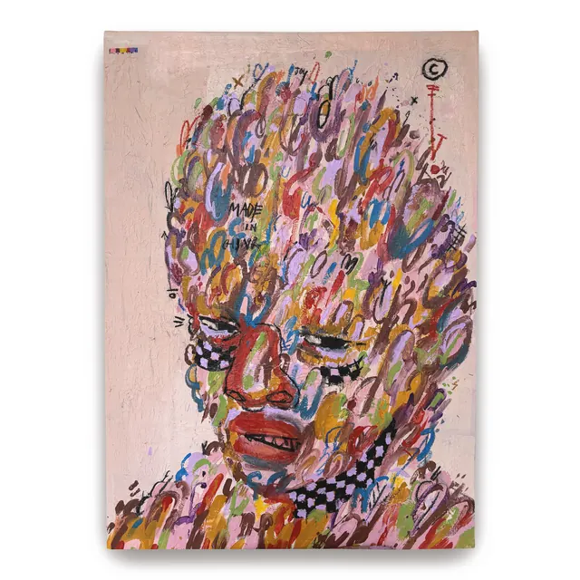 Large-format expressive figurative paintings (slide 7), illustrated, maximalist, vibrant