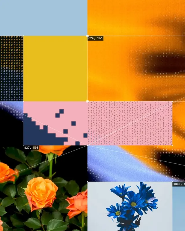Interactive collage with camera-tracking gesture interface, experimental, technical, vibrant