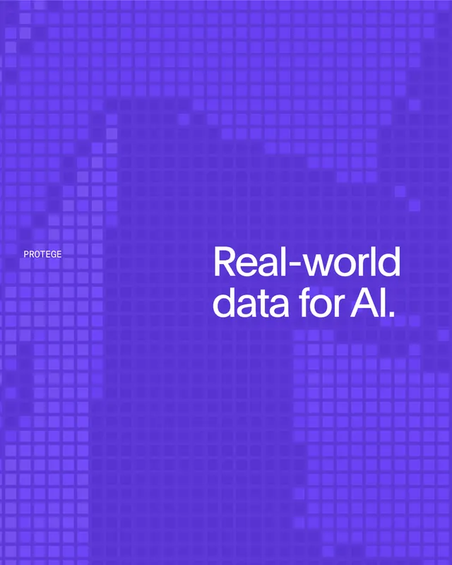 Protege pitch deck carousel, AI data marketplace (slide 5), corporate-clean, minimal, vibrant