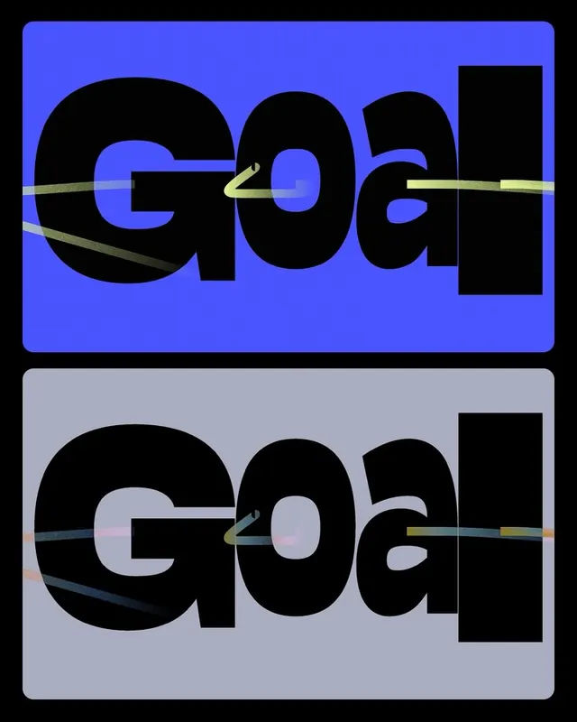 Stacked letterforms and Goal motion test (slide 2), typographic, gradient-heavy, vibrant