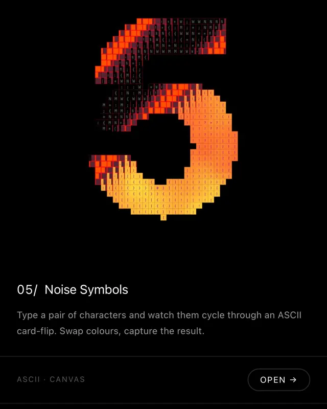 ASCII card-flip animation playground (slide 8), technical, experimental, vibrant