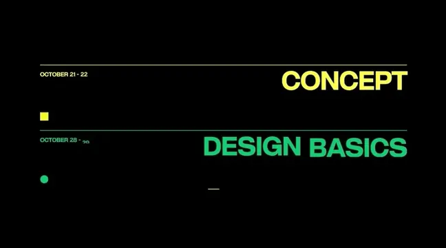 Minimal black title slide CONCEPT and DESIGN BASICS, minimal, flat, dark