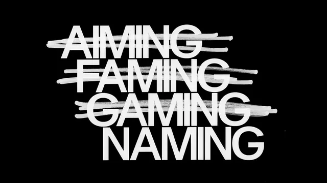 Glitch typography "AIMING FAMING GAMING NAMING, minimalist, technical, dark