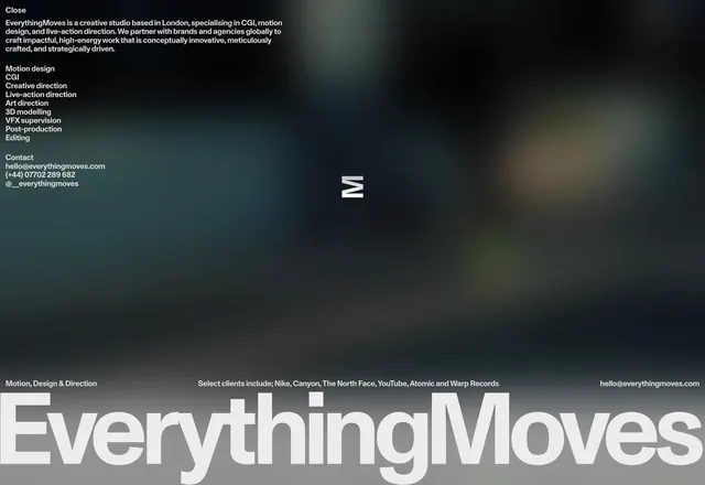 Nike motion design branding with EverythingMoves studio credit, dark-mode, technical, dark