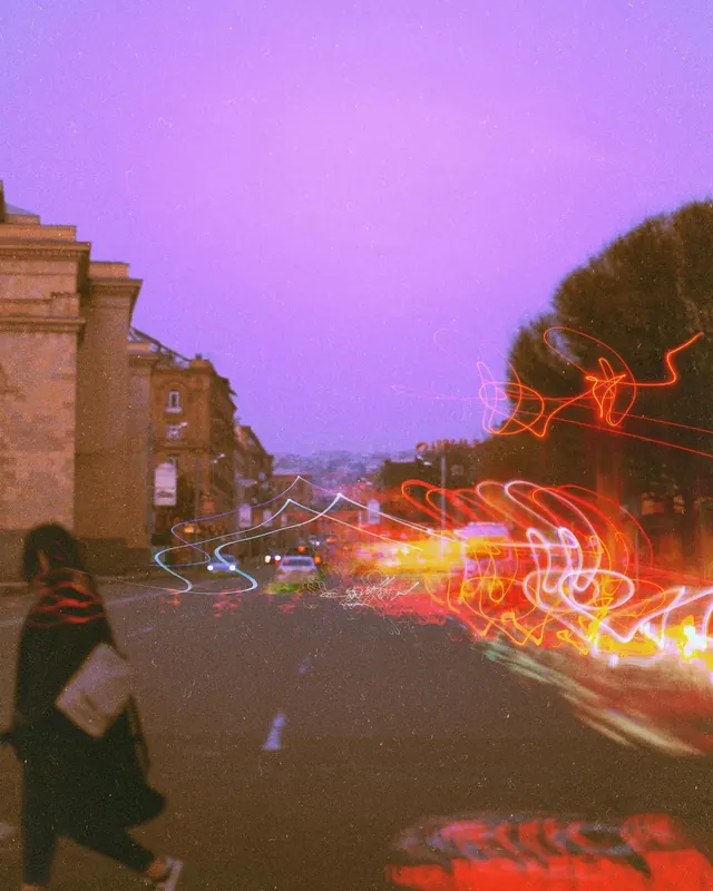 Long exposure street photography with neon light trails, photographic, vibrant