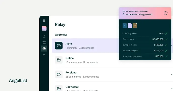 AngelList Relay OG card, light-mode, corporate-clean, light
