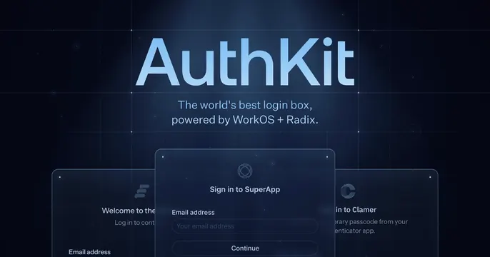 Authkit By Workos OG card, dark-mode, technical, dark