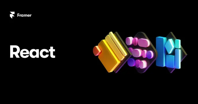 Framer Guide To React OG card, dark-mode, 3d-render, dark