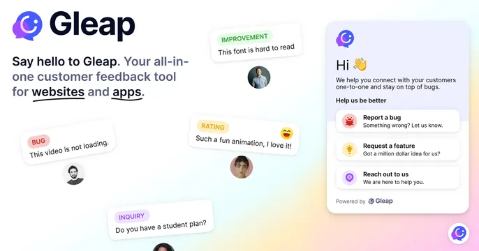 Gleap OG card, light-mode, gradient-heavy, light