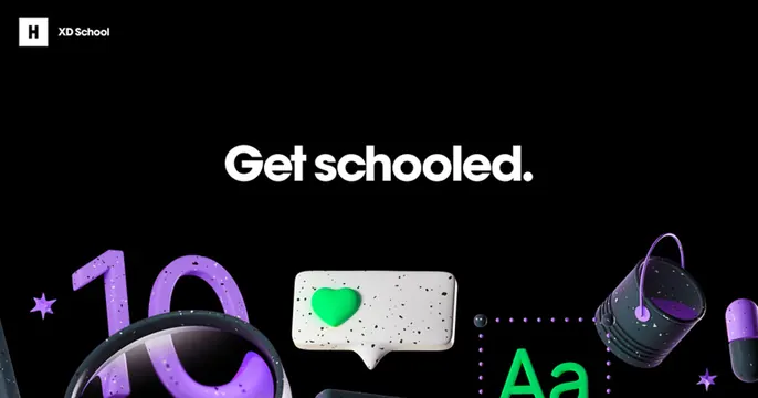 Huge XD School OG card, dark-mode, 3d-render, dark