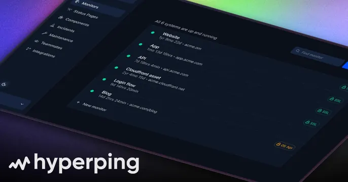 Hyperping OG card, dark-mode, gradient-heavy, dark