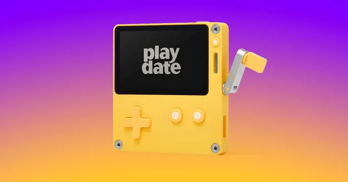 Playdate OG card, 3d-render, gradient-heavy, vibrant
