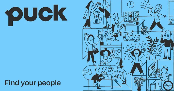 Puck OG card, illustrated, playful, vibrant