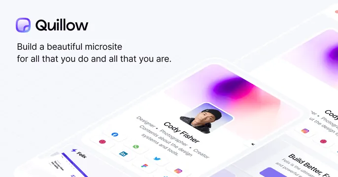 Quillow OG card, minimal, gradient-heavy, light