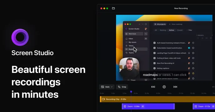 Screen Studio OG card, dark-mode, technical, dark