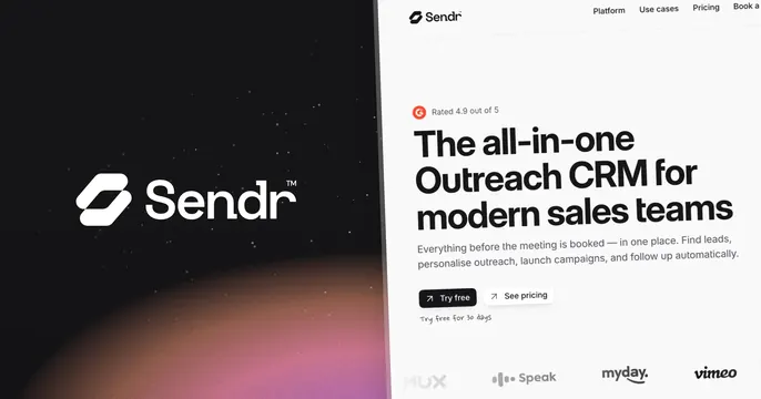 Sendr OG card, gradient-heavy, light-mode, dark