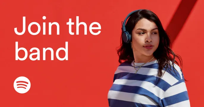 Spotify Jobs OG card, photographic, corporate-clean, vibrant