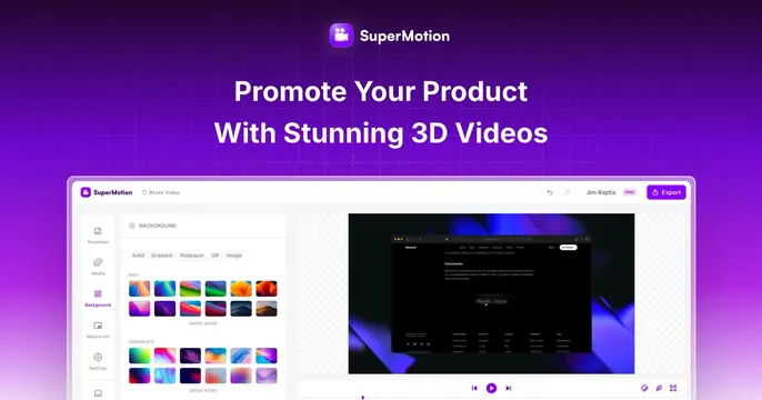 SuperMotion OG card, gradient-heavy, dark-mode, vibrant