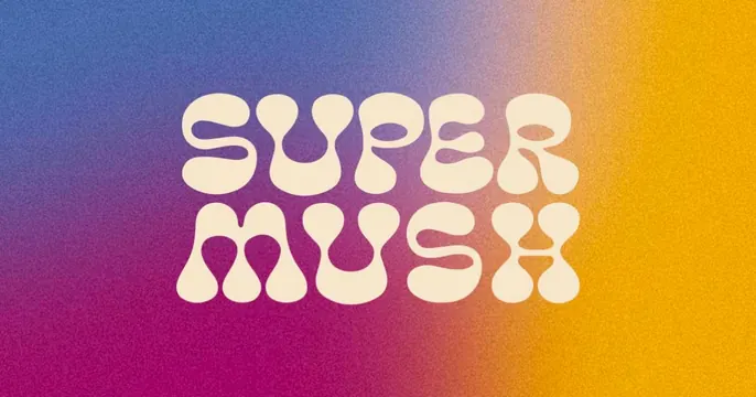 Supermush OG card, gradient-heavy, retro, vibrant