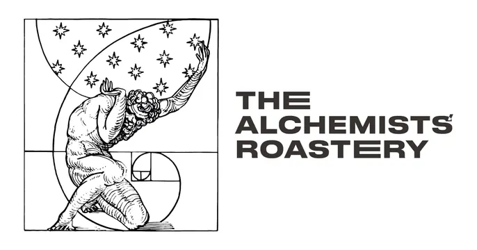 The Alchemists Roastery OG card, minimal, editorial, monochrome