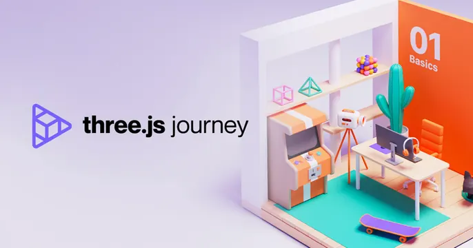 Three.js Journey OG card, 3d-render, playful, light