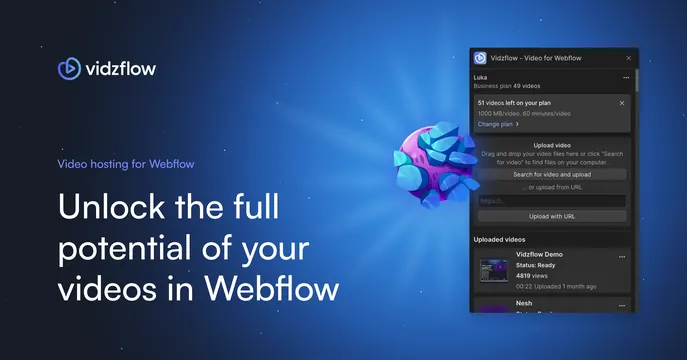 Vidzflow OG card, dark-mode, gradient-heavy, dark