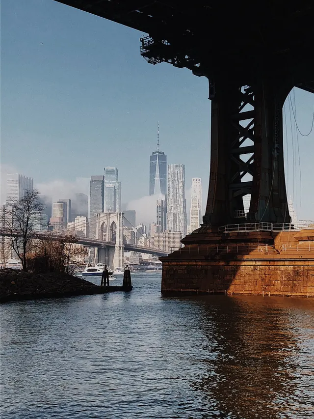 Waterfront Skyline Under Bridge, photographic, editorial, cool