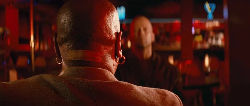 Red-Lit Over-the-Shoulder Film Still, photographic, dark-mode, dark