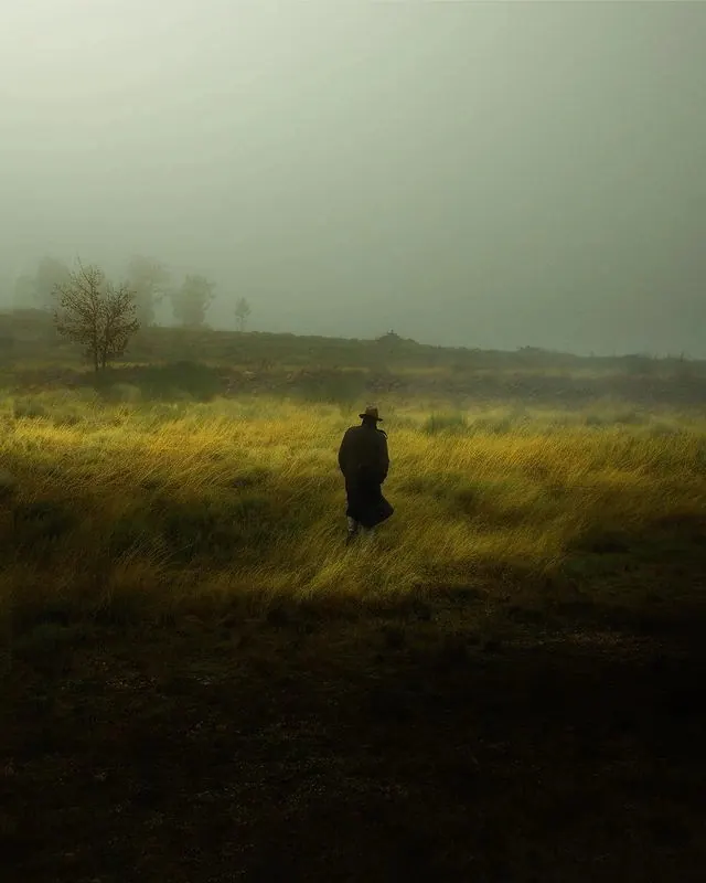 Foggy Field Lone Walker, photographic, editorial, dark
