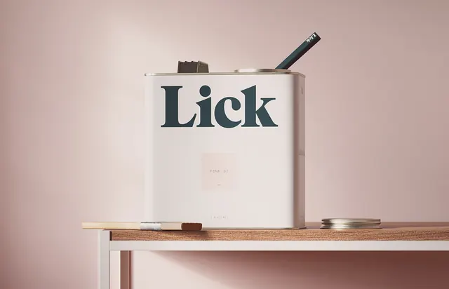 Lick home product on neutral shelf with minimal styling, photographic, minimal, warm