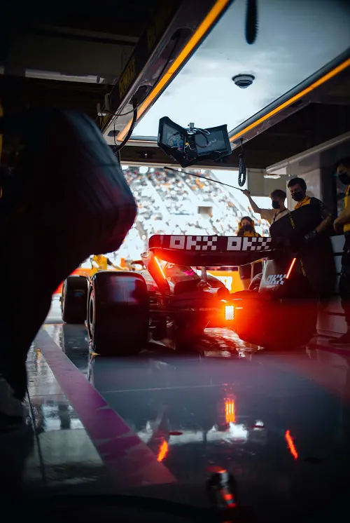 Race Car Pit Garage, photographic, dark-mode, dark