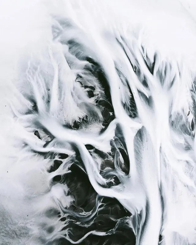 Aerial photography – river delta or water formations, photographic, abstract, monochrome