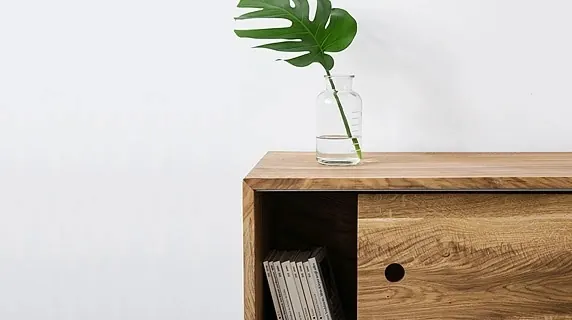 Minimal oak sideboard with monstera, minimal, organic, light