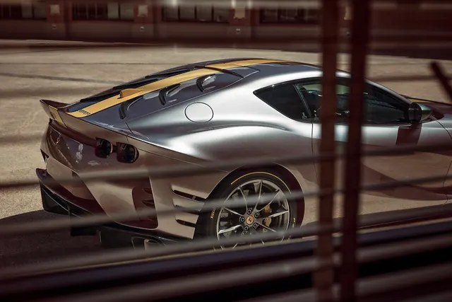 Ferrari through blinds at golden hour, photographic, luxury, warm