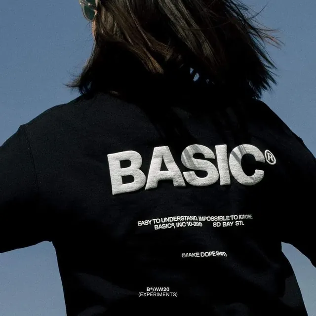 BASIC puff-print sweatshirt back, minimal, monochrome, dark