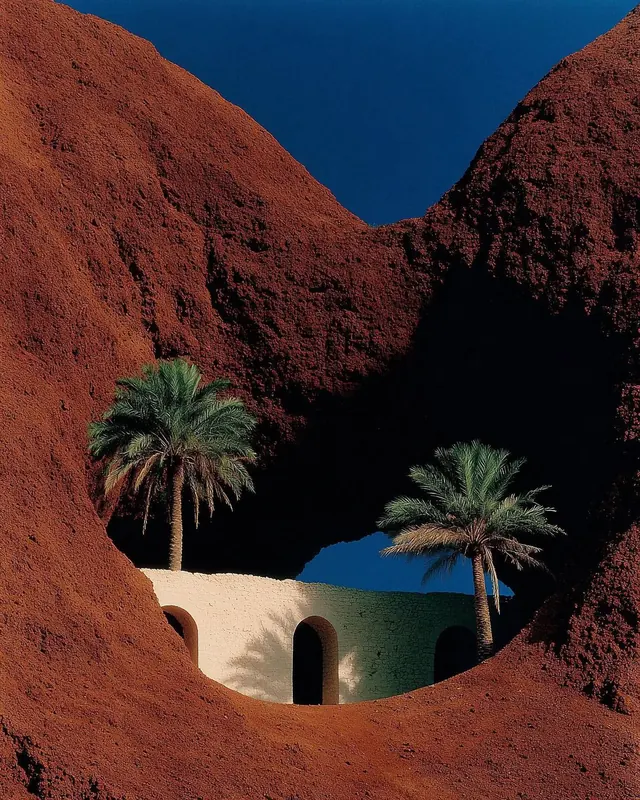 Rock-framed desert architecture, minimal, photographic, warm