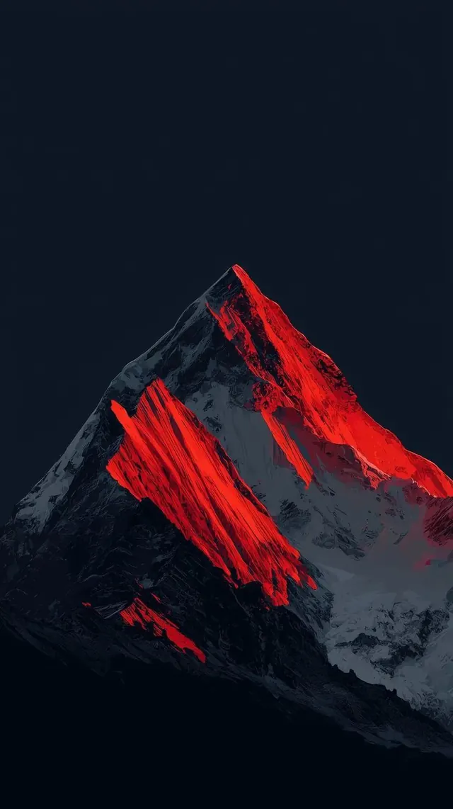 Red-lit mountain peak on black, minimal, photographic, dark