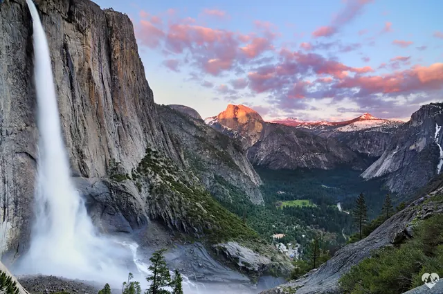 Yosemite valley sunset panorama, photographic, organic, warm