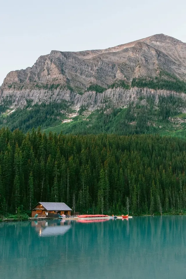Mountain lake cabin landscape, photographic, minimalist, cool