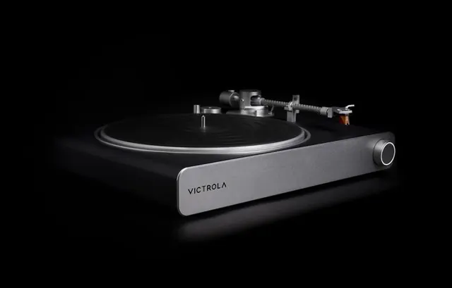 Victrola turntable product photo, minimal, technical, dark