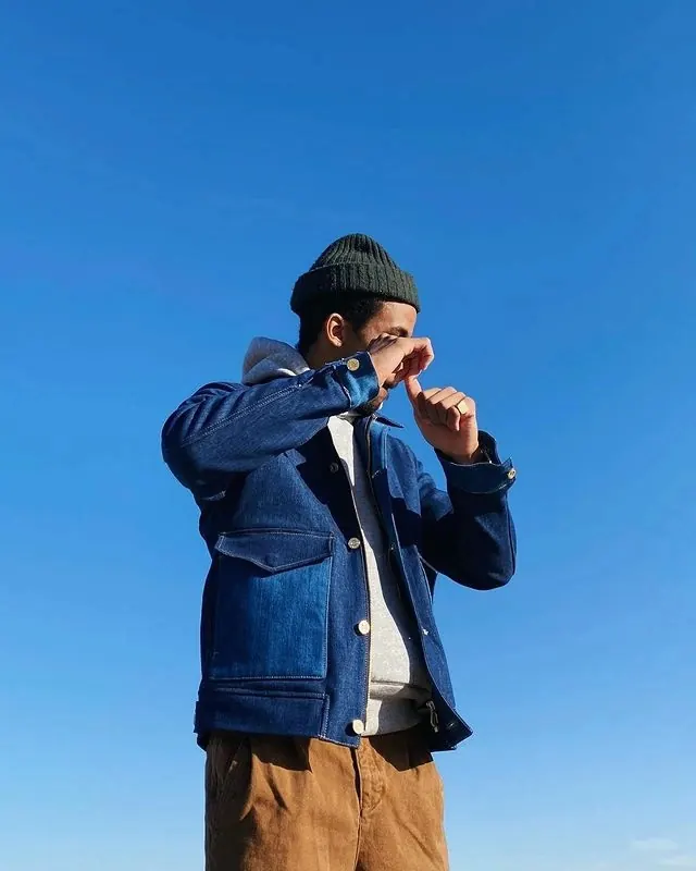 Portrait against clear blue sky, photographic, minimal, cool