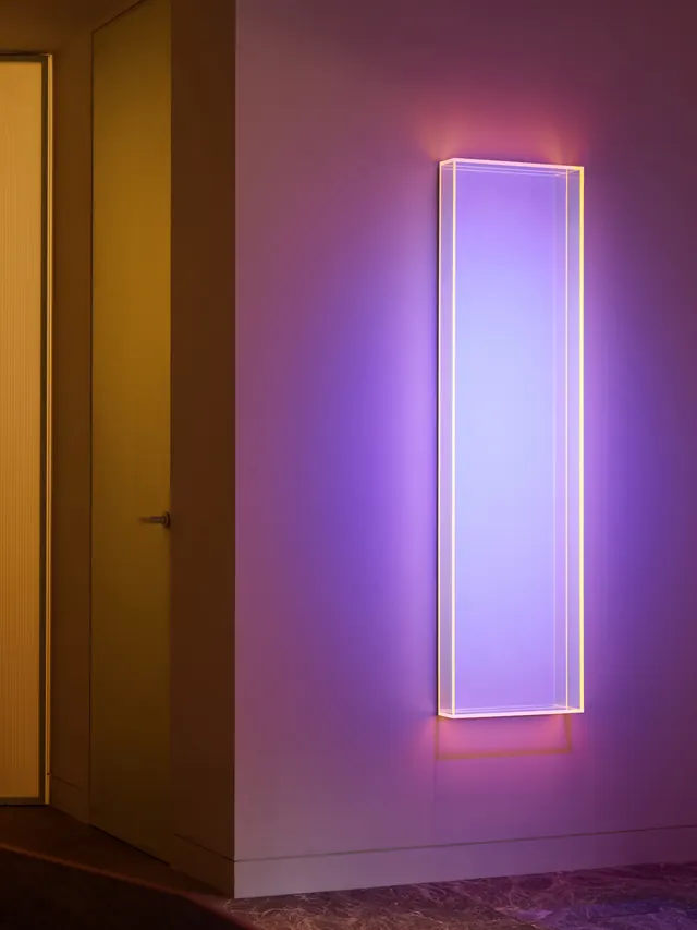 Neon-lit minimalist room installation, minimalist, luxury, dark