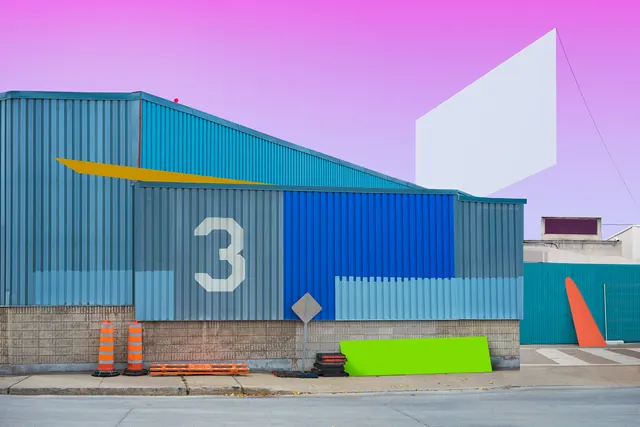 Blue Industrial Building with Graphic Elements