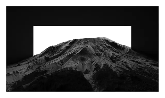 Mountain peak in white frame cutout, minimal, geometric, monochrome