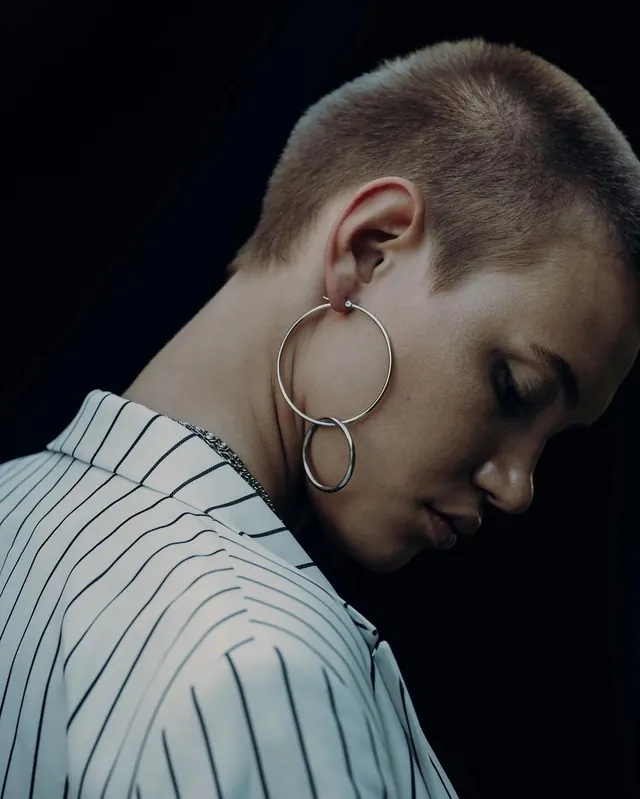 Pinstripe blazer with linked hoop earrings, minimal, monochrome, monochrome