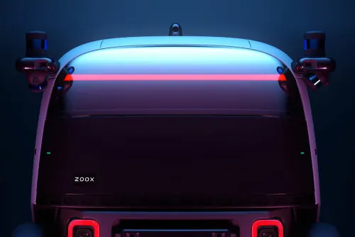 Zoox robotaxi rear sensor lighting, minimal, technical, dark