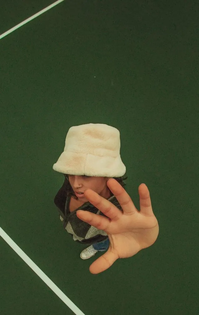 Overhead streetwear court portrait, photographic, playful, muted