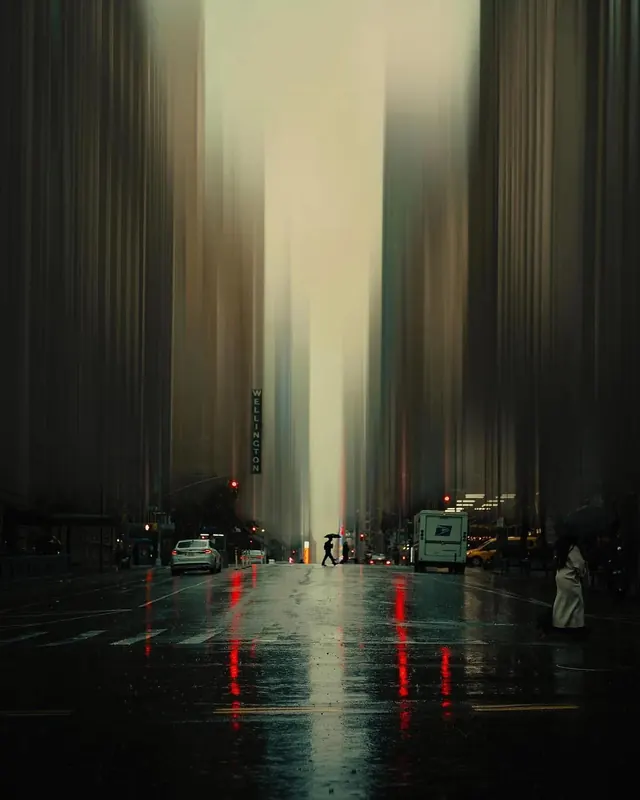 Rainy street with vertical pixel stretch, photographic, abstract, dark